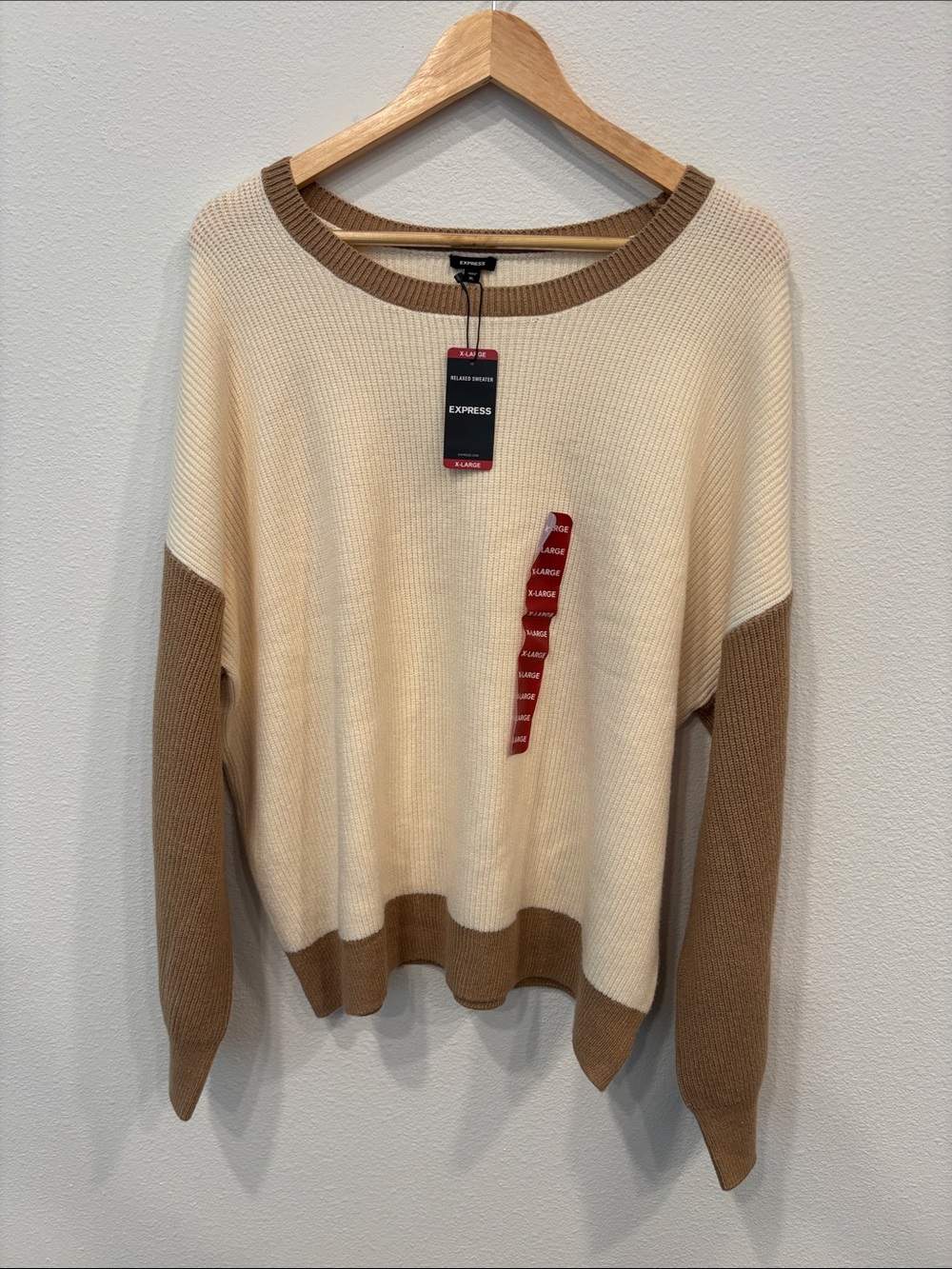 Express Cream and Brown Contrast Ribbed Crew Sweater Women Size XL